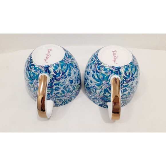 2 Lilly Pulitzer Coffee Cup Mug Teacups Porcelain Blue Floral Gold Handle 12oz - Picture 4 of 9